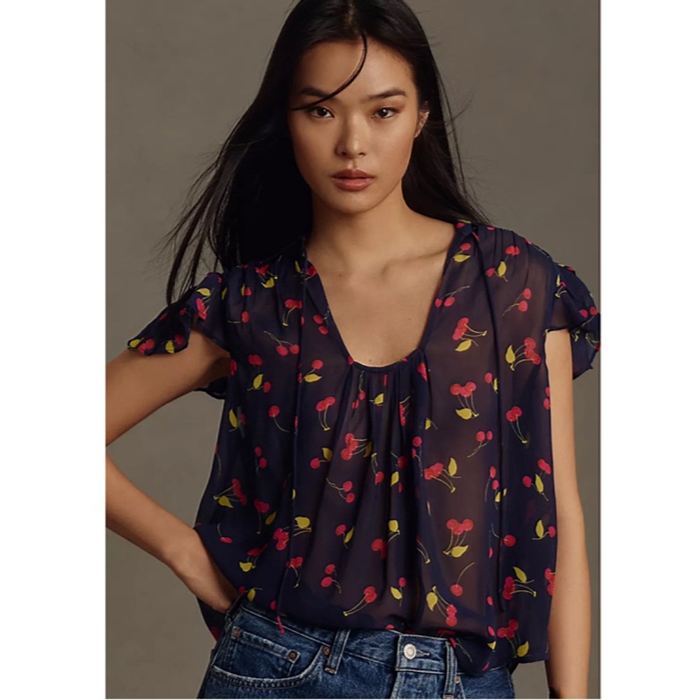 Anthro Maeve Cherry Print U-Neck Popover Blouse
